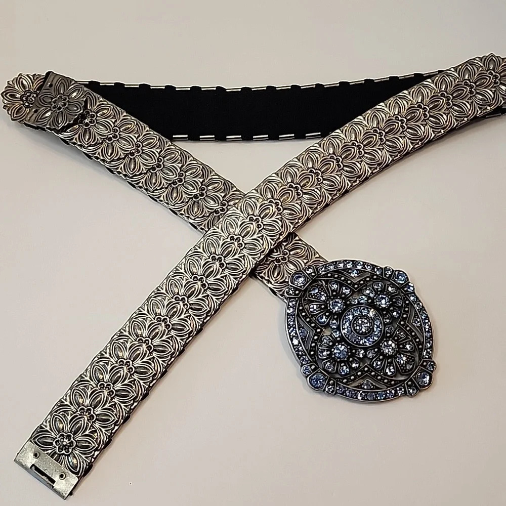 Blingy Belt Blue Shiny Rhinestone W/ Floral Crystal Buckle Stretch Black Elastic